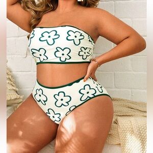 White and Green Floral Bikini Set